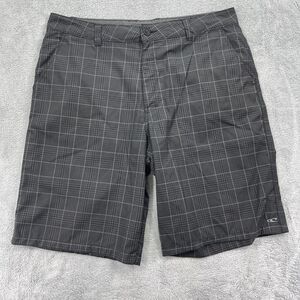 O'Neill Shorts Mens 38 Gray Plaid Logo Slash Pockets Flat Front Beach